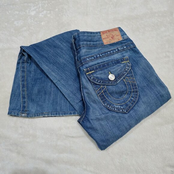 ♡ True Religion Super T Stitch Distressed Denim Jeans Made In USA 100% Cotton 26 - Picture 3 of 13